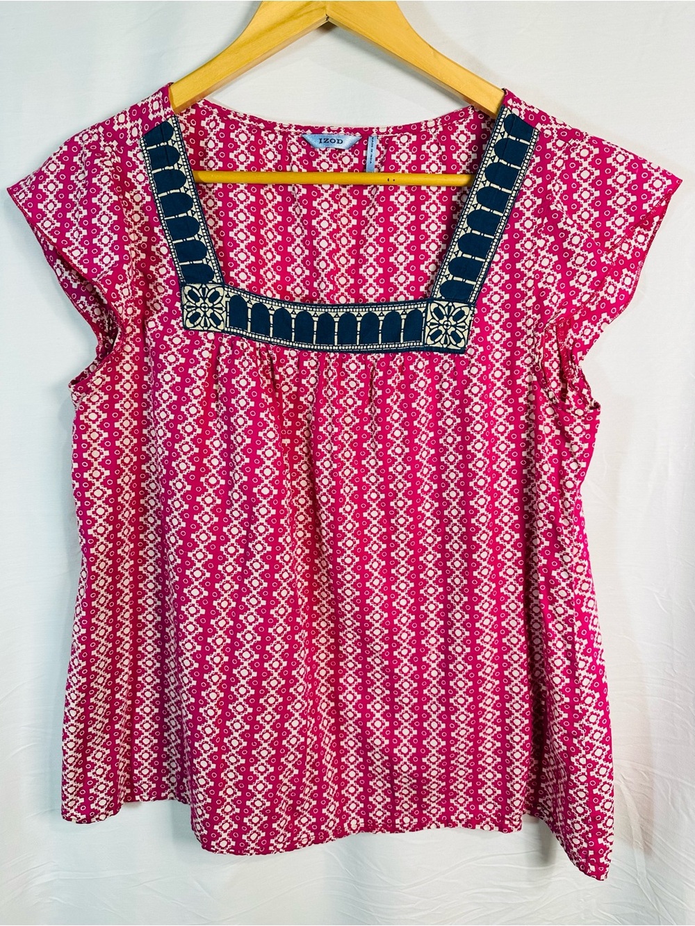 Izod Hot Pink Printed Tunic with Navy Embroidered Square Neck